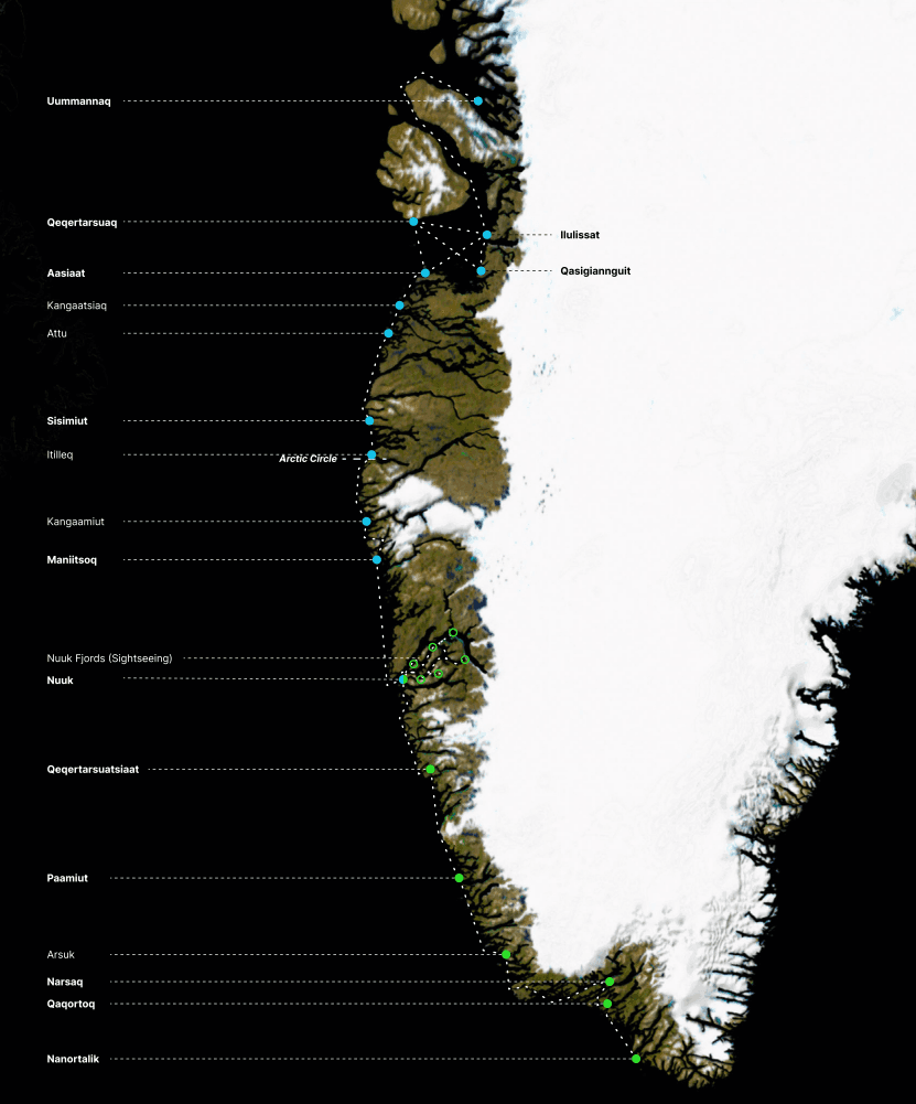 The Greenland Voyage anno 2025,,Grønlandsrejsen anno 2025, map