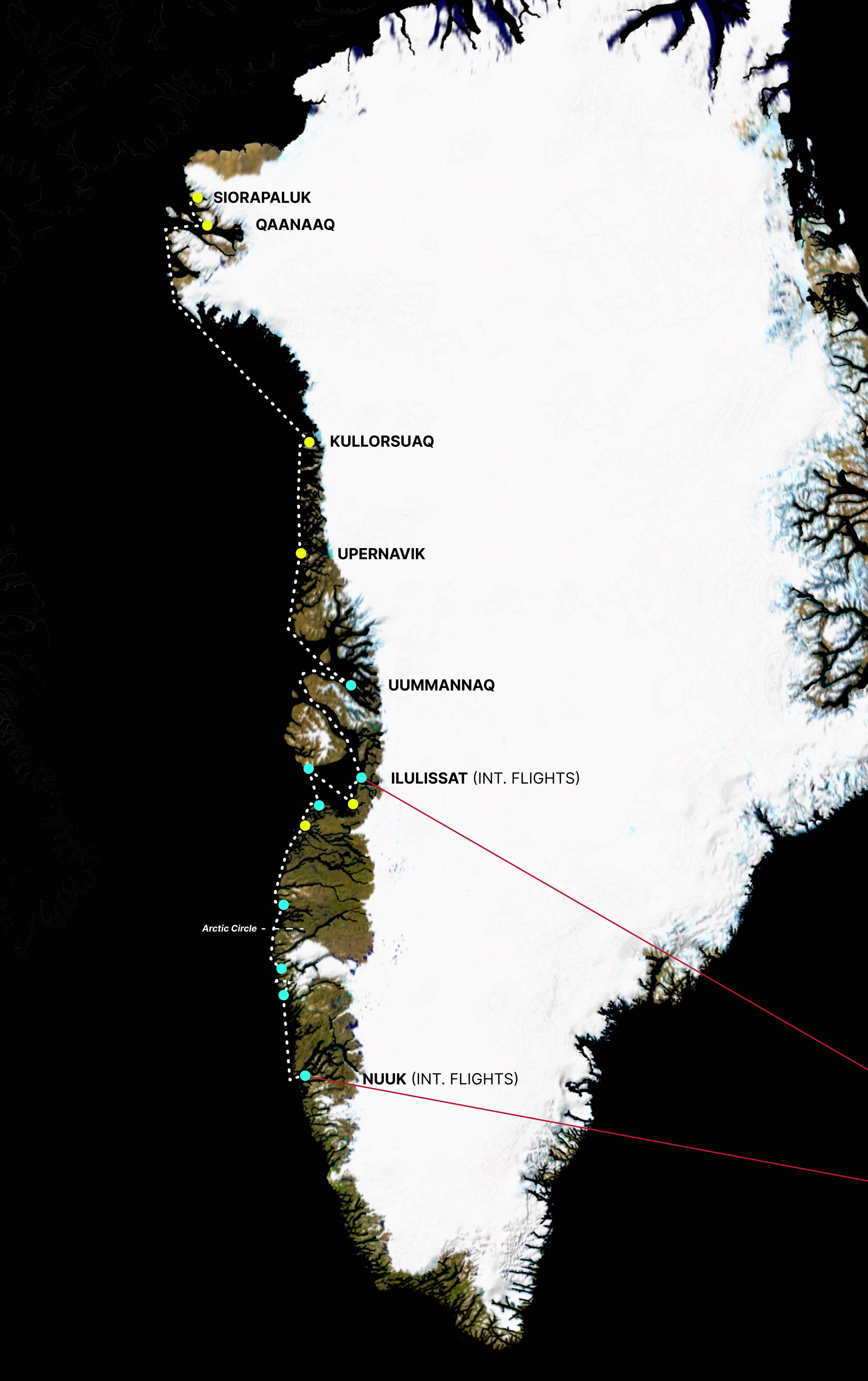 2025 SPECIALE: Nuuk ↑ Qaanaaq ↓ Ilulissat map