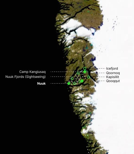Sen forårsoplevelse af Nuuk Fjorden, 27.-28. April map