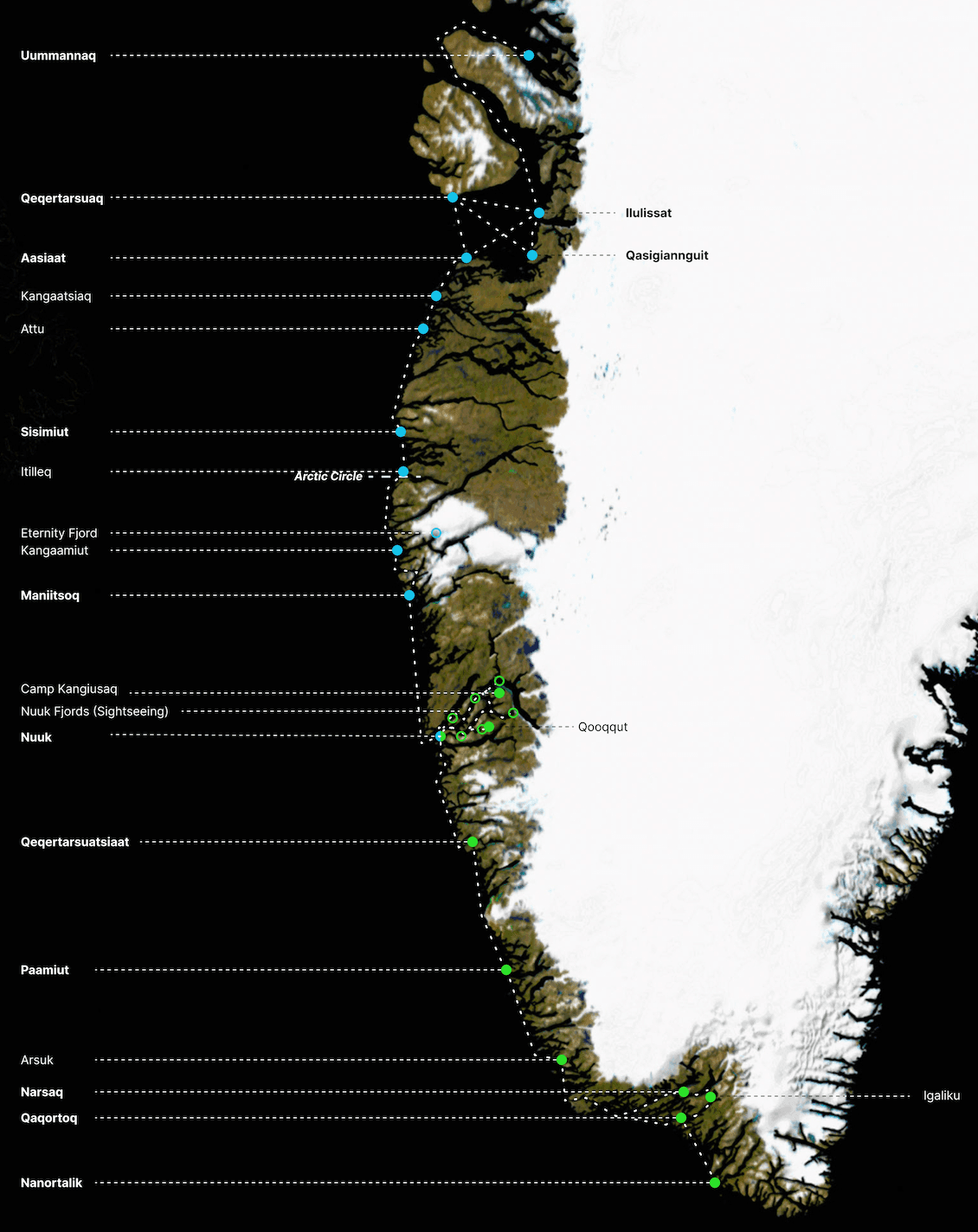 The Full Greenland Voyage,Die Grönlandreise,Grønlandsrejsen,Nunarput angalaarlugu map