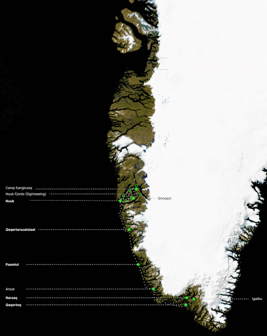 The South Greenland Voyage map