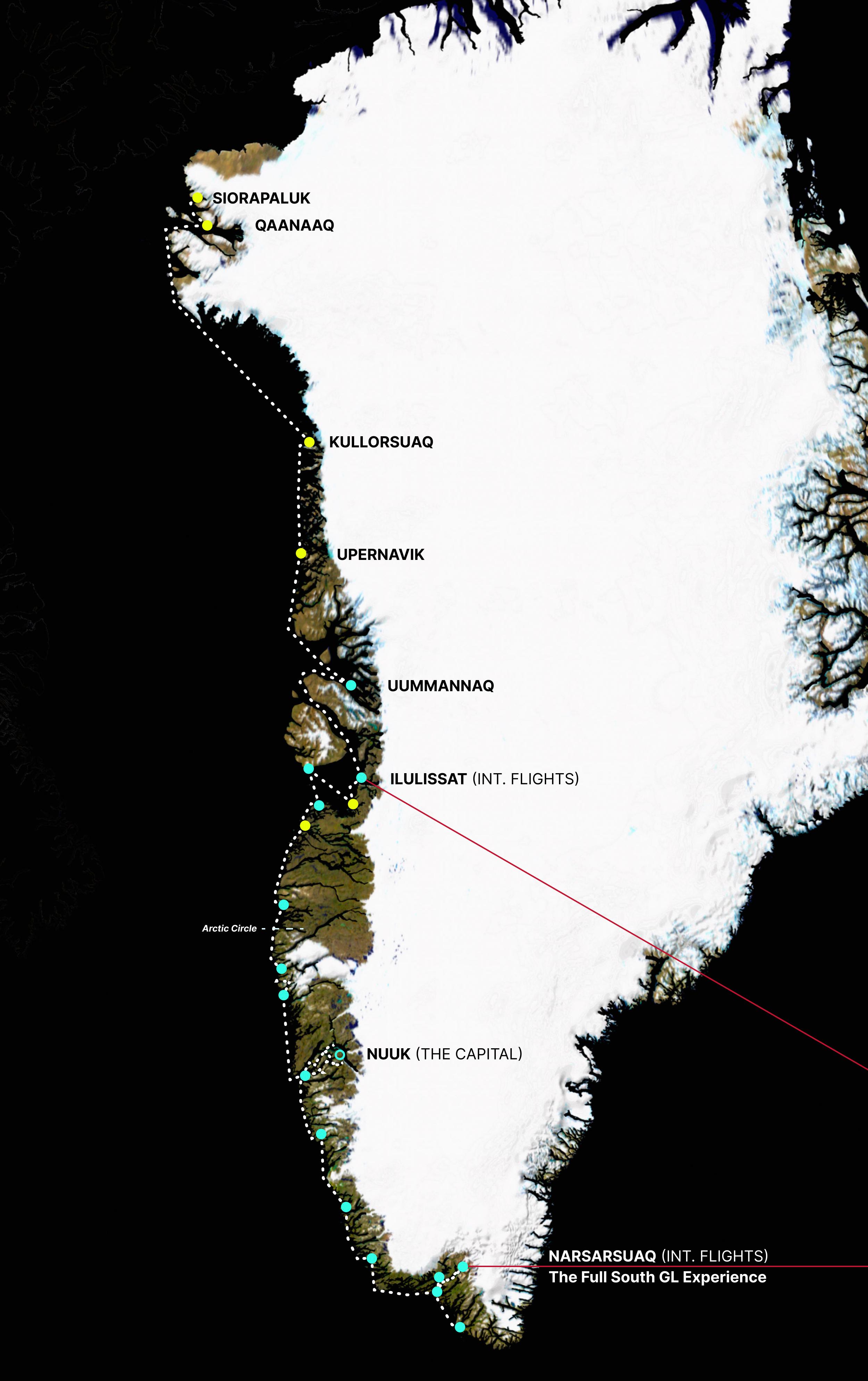 2025 SPECIAL: Narsarsuaq ↑ Qaanaaq ↓ Ilulissat map